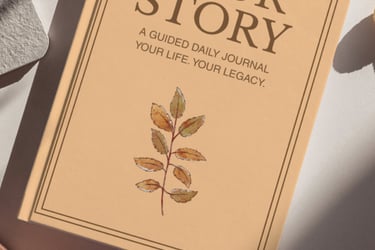 A Mind Your Story guided daily journal with a leaf illustration on a beige cover.