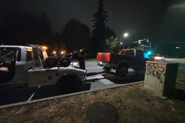 Emergency towing truck in Surrey BC at night
