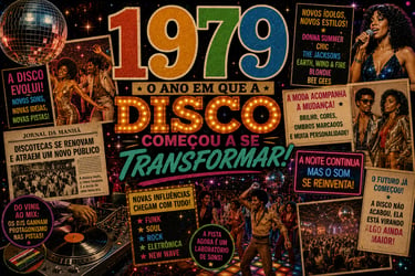 Vibrant 1970s disco era collage featuring 1979 music trends, Donna Summer, and retro dance club nightlife.