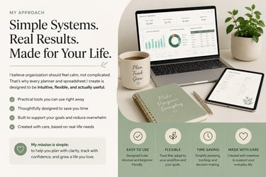Plan Track Grow graphic with digital dashboards, planner pages, and simple organization benefits.