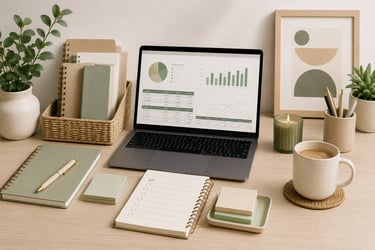 Calm workspace with laptop dashboard, planner pages, notebooks, and plants.