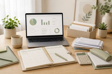Budget planning workspace with laptop dashboard, calendar planner, calculator, papers, plants, and soft green stationery.