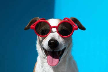 Un alegre Jack Russell Terrier con gafas de sol rojas sobre un fondo azul brillante.