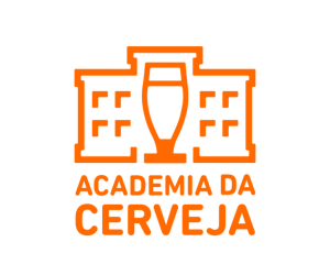 Orange Academia da Cerveja logo featuring a beer glass icon inside a building outline.