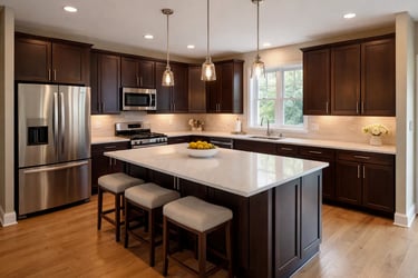 Dark wood kitchen interior photographed for real estate marketing