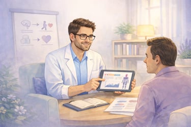 Fisioterapista che presenta un percorso educativo per fibromialgia con strumenti pratici