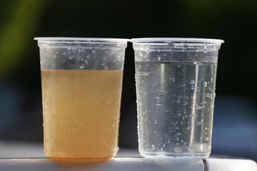 Comparación de agua sucia con sedimentos y agua filtrada limpia en vasos de plástico