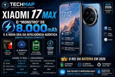 Xiaomi 17 Max smartphone infographic showcasing 8000mAh battery, Leica camera, and Snapdragon 8 Elite specs.