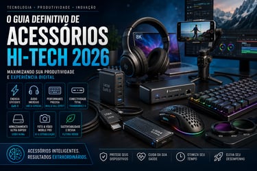 Infographic showing high-tech 2026 accessories including GaN charger, Thunderbolt hub, gaming mouse, and mechanical keyboard.