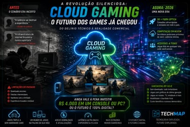 Infographic about cloud gaming technology in Brazil featuring futuristic neon city visuals and gaming devices.
