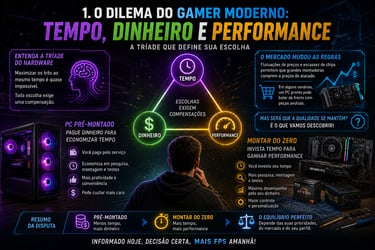 Infographic comparing pre-built PC gaming vs custom builds, focusing on time, money, and performance.