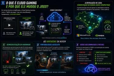 Infográfico em português sobre cloud gaming explicando o funcionamento dos jogos em nuvem e computação de borda.