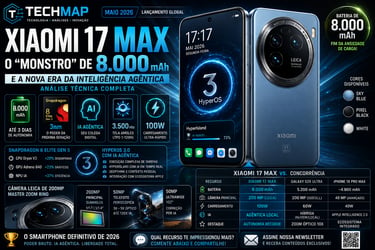 Xiaomi 17 Max smartphone promotional graphic featuring an 8000mAh battery, Leica triple camera, and Snapdragon 8 Elite Gen 5