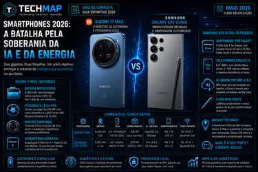 Infographic comparing the Samsung Galaxy S26 Ultra and Xiaomi 17 Max flagship smartphones with technical specifications.