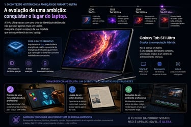 Infographic showing the evolution of the Samsung Galaxy Tab S11 Ultra with AI features and high-performance specs.