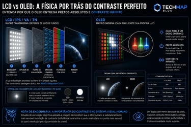 Infográfico comparativo entre telas LCD e OLED explicando a física do contraste e pretos absolutos.