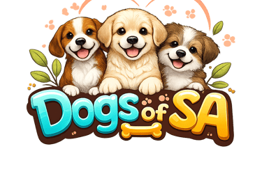 Three cute cartoon puppies smiling above a colorful Dogs of SA logo with paw prints.