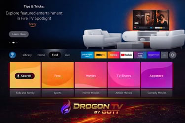 NUFuTV streaming app on Amazon Fire TV spotlight featuring movies, TV shows, and live apps.