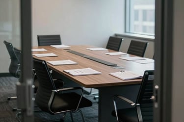 Wide shot of a modern corporate meeting room from the doorway, overcast north-facing daylight falling across an empty conference table with open compliance binders and printed spreadsheets, chairs slightly pulled out, no people, cool ambient light, documentary framing