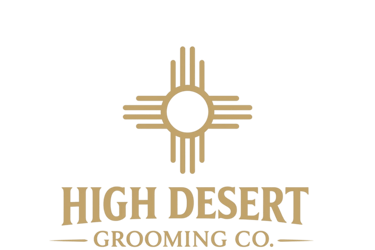 High Desert Grooming Co. logo featuring a gold Zia sun symbol and elegant serif typography on a black background.
