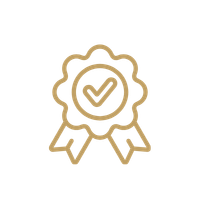 A gold quality seal icon with a checkmark and ribbons representing certified excellence on a black background.