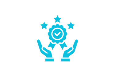Blue quality assurance icon featuring hands holding a certified award ribbon with three stars.