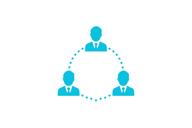 Blue professional networking icon showing three people icons connected in a circular dotted pattern.