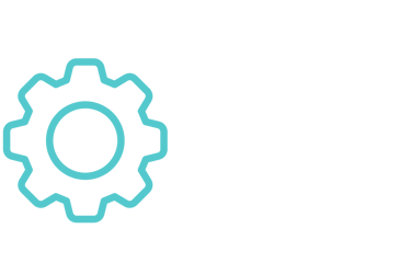 Teal line icon of a gear representing settings, configuration, or mechanical process.