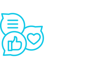 Blue social media icons with a thumbs up, heart, and speech bubble for online engagement.