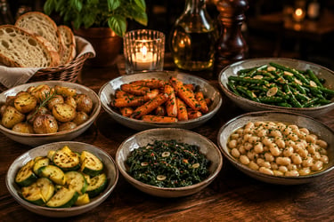 Variety of roasted vegetable side dishes including glazed carrots, potatoes, and green beans on a rustic table.