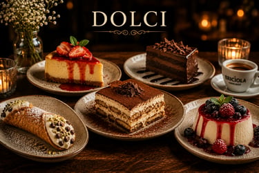 Assorted Italian dolci desserts including tiramisu, cannoli, panna cotta, and chocolate cake.
