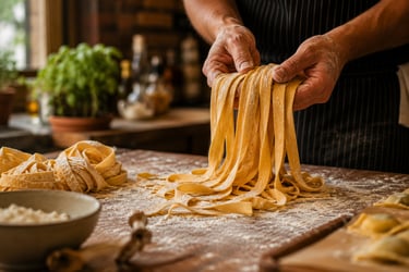 A chef's hands lifting fresh handmade fettuccine pasta from a floured wooden table in a rustic kitchen.