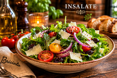Fresh Italian insalate with arugula, cherry tomatoes, red onion, and parmesan cheese on a rustic table.