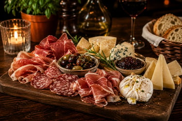 Gourmet charcuterie board with prosciutto, salami, burrata cheese, olives, and fig jam on a wooden platter.
