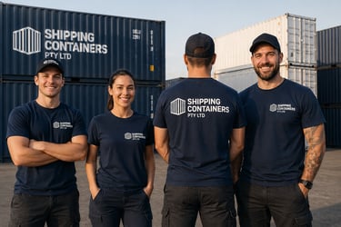A team of logistics professionals wearing branded t-shirts standing in a shipping container yard.