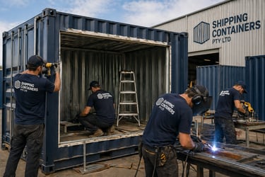 Professional team fabricating and welding custom steel shipping containers at a warehouse facility.