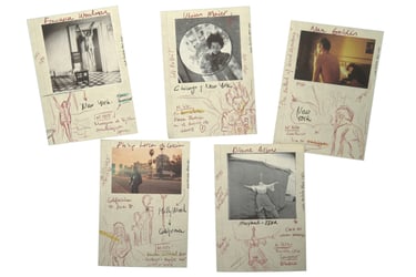 Collection of photographic prints featuring famous photographers like Francesca Woodman and Diane Arbus with handwritten