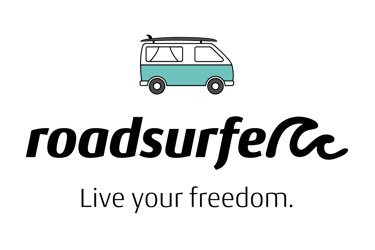 Roadsurfer logo Minimalist teal and white vintage camper van illustration on a black background.