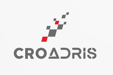 CROADRIS logo featuring grey and red pixelated square design and modern sans-serif typography on white background.