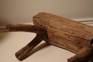 A weathered piece of natural driftwood featuring a textured log and branches for home decor or aquarium use.