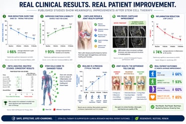 Infographic showing clinical study results of stem cell therapy for joint pain relief and cartilage repair.