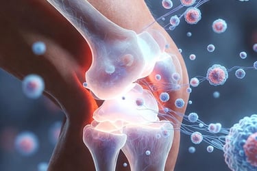 Medical illustration of knee joint inflammation and arthritis with stem cells migrating to damage.