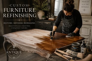 Professional furniture refinisher applying wood stain to a vintage wooden table in a workshop.