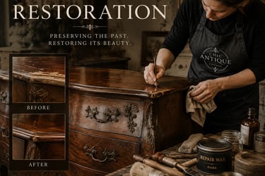A professional furniture restorer meticulously repairs a vintage wooden dresser using repair wax and antique tools.