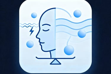 « Icône visage en équilibre avec éléments apaisants, représentant la gestion du stress, de l’anxiété