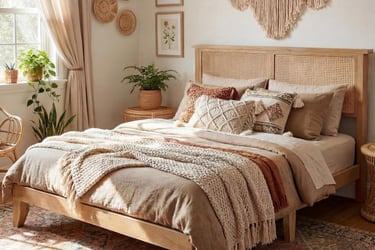 Boho chic bedroom featuring a rattan headboard, macrame wall hanging, and cozy neutral bedding.