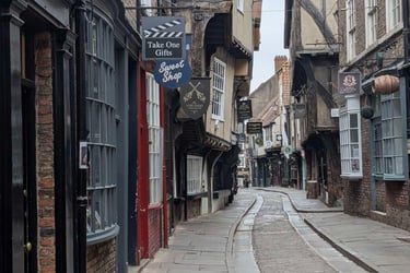 an image of the shambles in York. It is early in the morning as it is very quite. No one is in the p