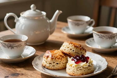 table set with afternoon tea comprising scomes and jam . | teapot and cup is also on the table