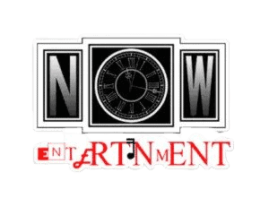 Now Entertainment logo featuring a silver clock face and red typography on a black background.
