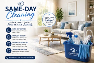Professional same-day cleaning services for a spotless home with Shiny Maids cleaning supplies in a living room.
